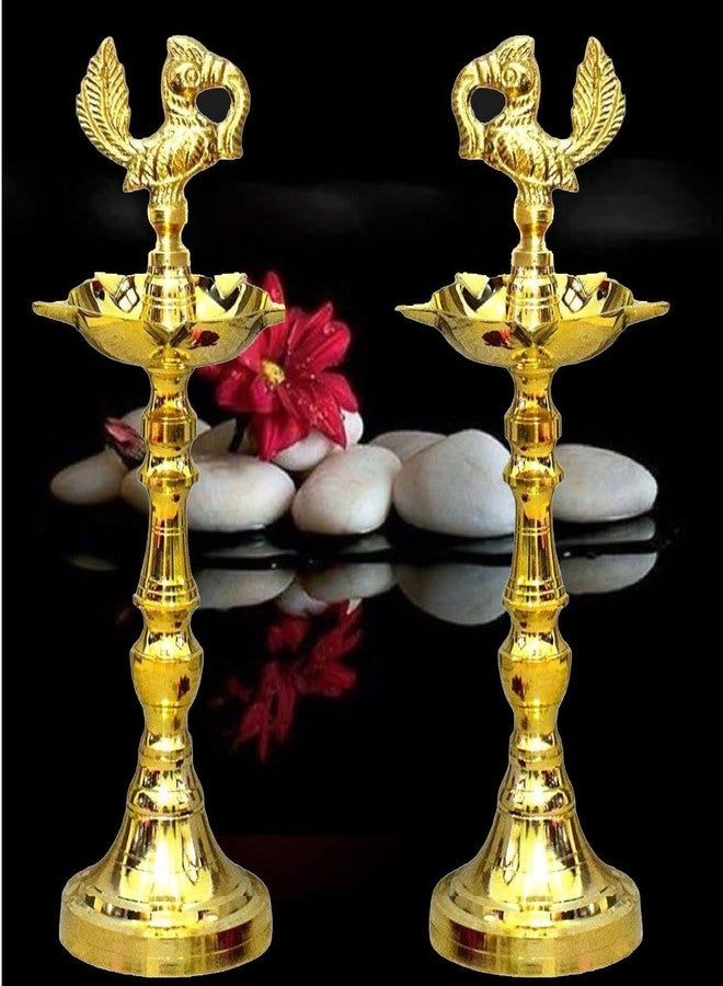 Denique Brass Nakshi Peacock Kerala Mahabharat Oil/Ghee Diya, Deepak, Lamp Design Long Diyas for Home, Pooja Room, Pancharti, Panchmukhi Diya for Puja, Decoration, Aarti,(21 C.M) Pack of (2) - Image 5